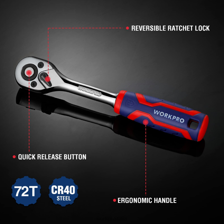 WORKPRO Set di 3 cricchetti, chiave a bussola reversibile a sgancio rapido da 72 denti in acciaio 40cr utile B0600L91 attrezzo