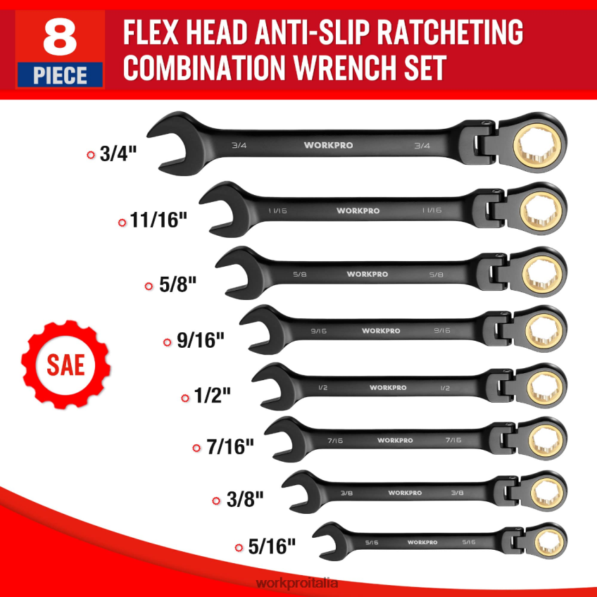 WORKPRO Set di 8 chiavi combinate a cricchetto con testa flessibile antiscivolo moderno B0600L80 attrezzo