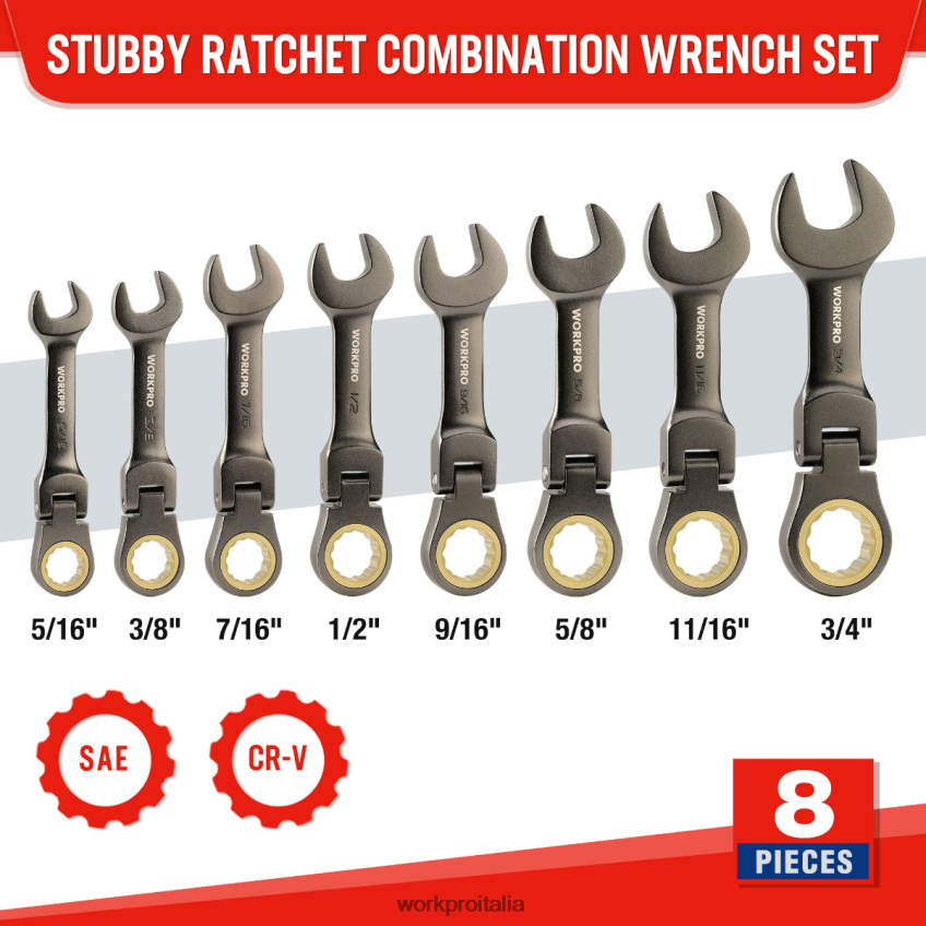 WORKPRO Set di 8 chiavi combinate a cricchetto tozze con testa flessibile nuovo B0600L82 attrezzo