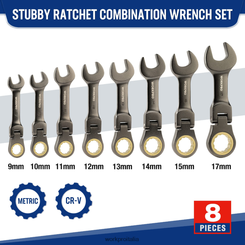 WORKPRO Set di 8 chiavi combinate a cricchetto tozze con testa flessibile nuovo B0600L82 attrezzo
