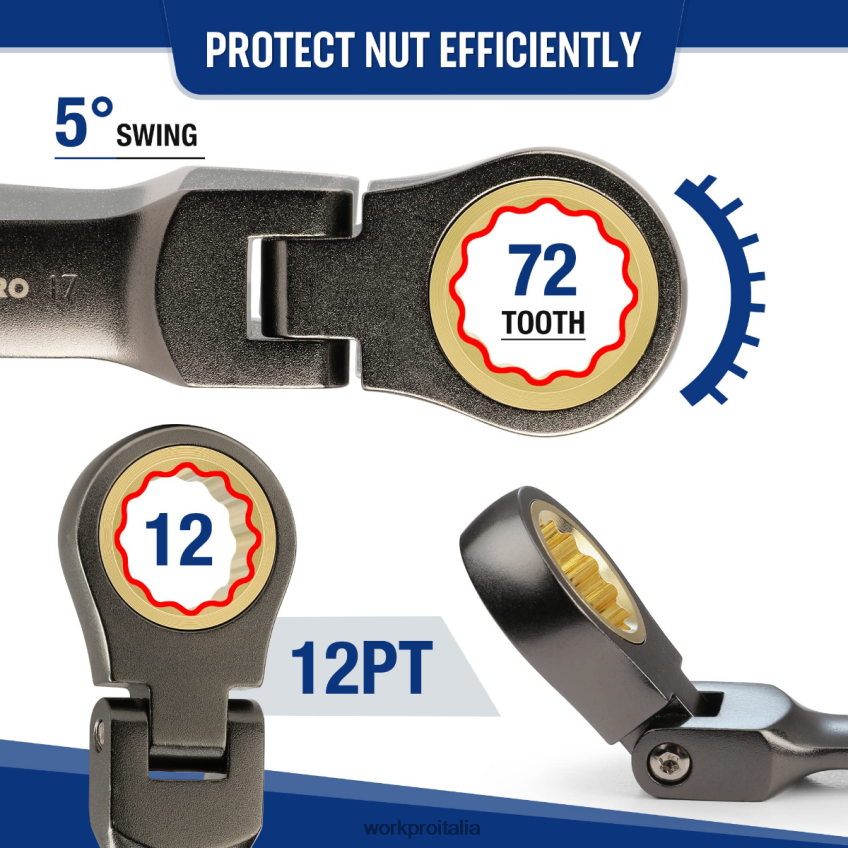 WORKPRO Set di 8 chiavi combinate a cricchetto tozze con testa flessibile nuovo B0600L82 attrezzo