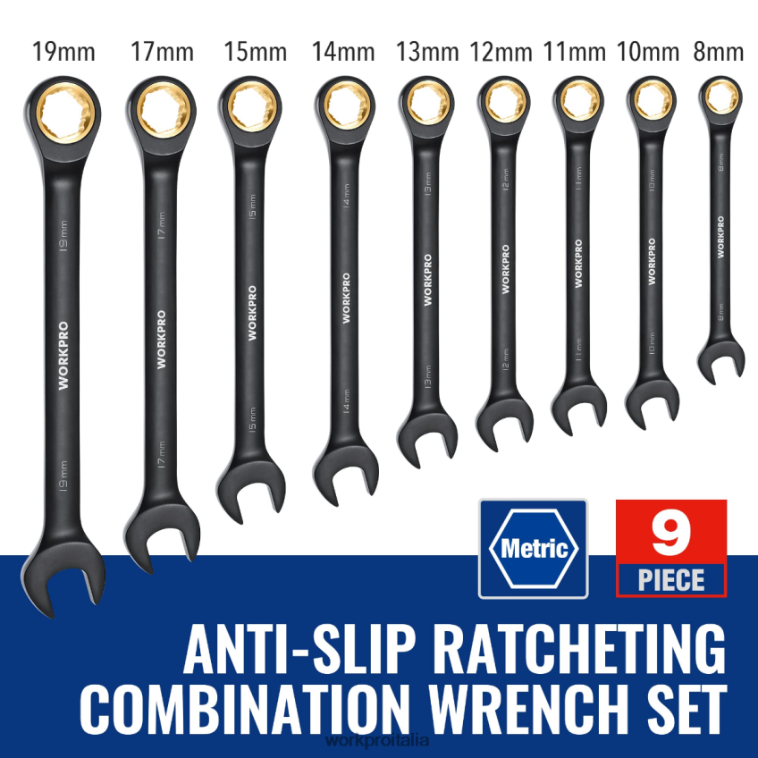 WORKPRO Set di 9 chiavi combinate a cricchetto antiscivolo nero B0600L88 attrezzo