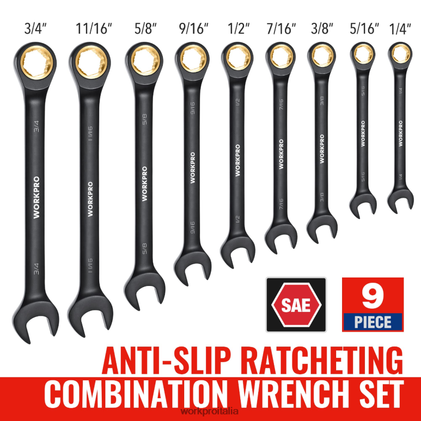 WORKPRO Set di 9 chiavi combinate a cricchetto antiscivolo nero B0600L88 attrezzo
