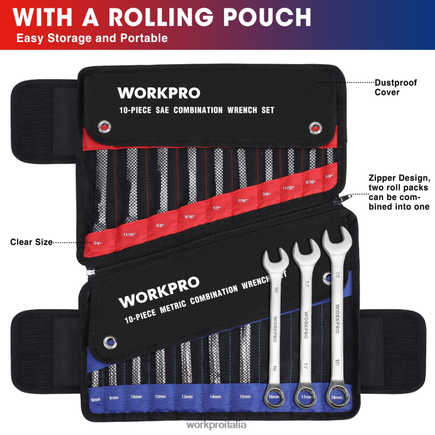 WORKPRO Set di chiavi combinate metriche e SAE da 20 pezzi CR-V a 12 punte moderno B0600L93 attrezzo