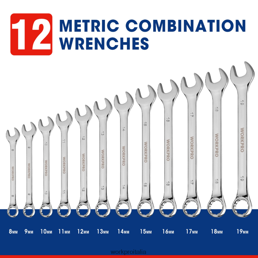 WORKPRO Set di chiavi combinate premium CR-V da 12 pezzi metriche 8-19 mm nuovo B0600L95 attrezzo