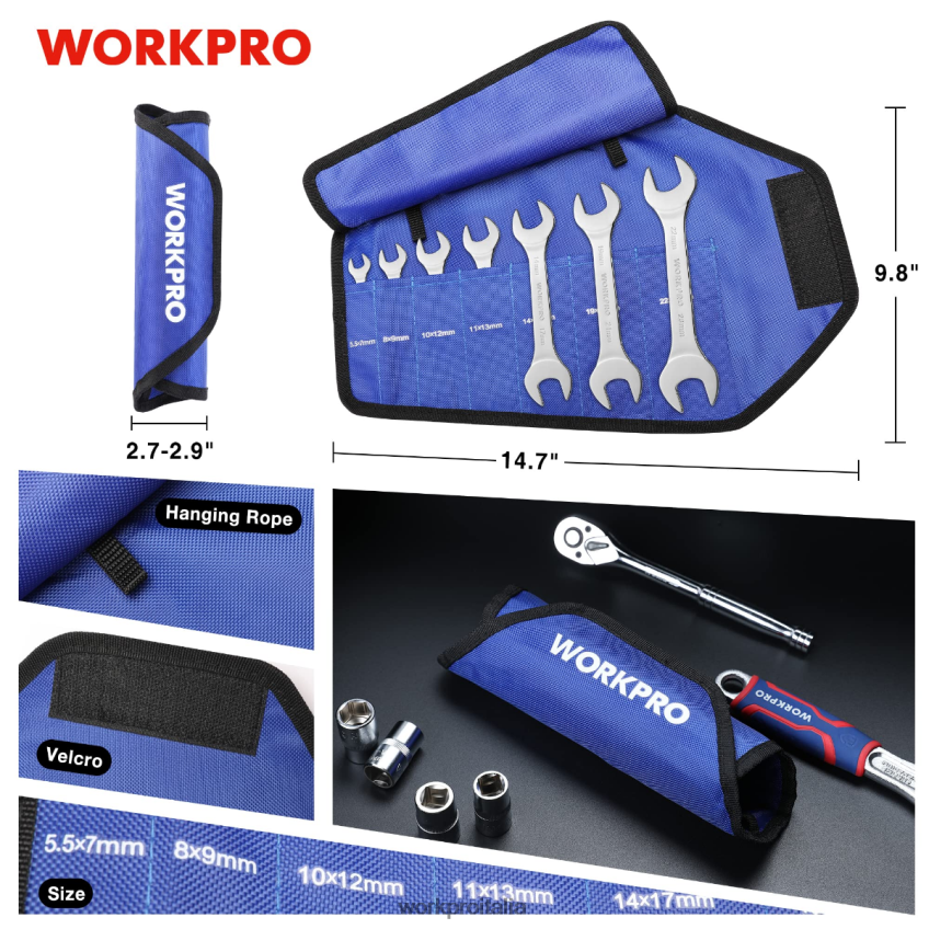 WORKPRO Set di chiavi metriche supersottili da 7 pezzi con custodia organizer arrotolabile utile B0600L96 attrezzo