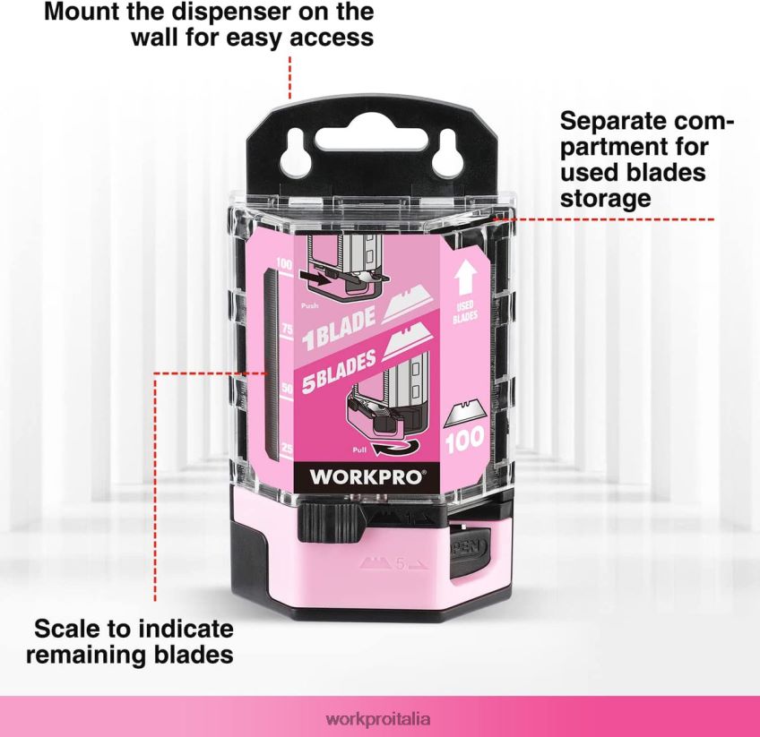 WORKPRO 100 lame di ricambio per coltelli multiuso in acciaio al carbonio sk5 con dispenser rosso/rosa B0600L49 attrezzo