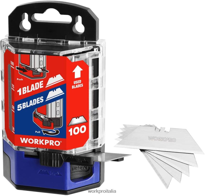 WORKPRO 100 lame di ricambio per coltelli multiuso in acciaio al carbonio sk5 con dispenser rosso/rosa B0600L49 attrezzo