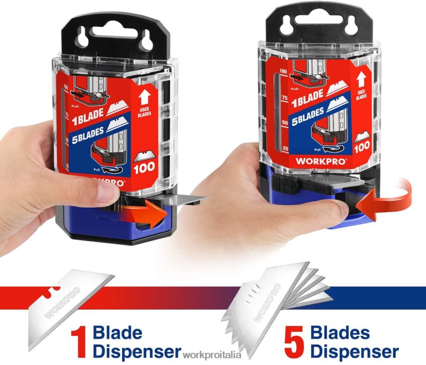 WORKPRO 100 lame di ricambio per coltelli multiuso in acciaio al carbonio sk5 con dispenser rosso/rosa B0600L49 attrezzo