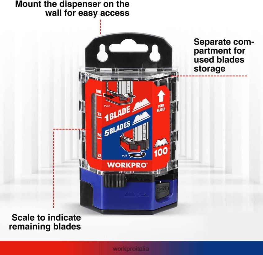 WORKPRO 100 lame di ricambio per coltelli multiuso in acciaio al carbonio sk5 con dispenser rosso/rosa B0600L49 attrezzo