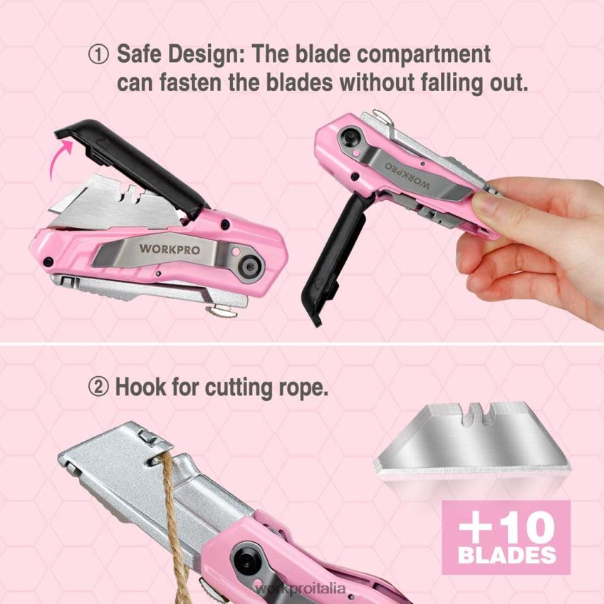 WORKPRO Coltello multiuso pieghevole a cambio rapido con 12 lame extra rosa B0600L37 attrezzo