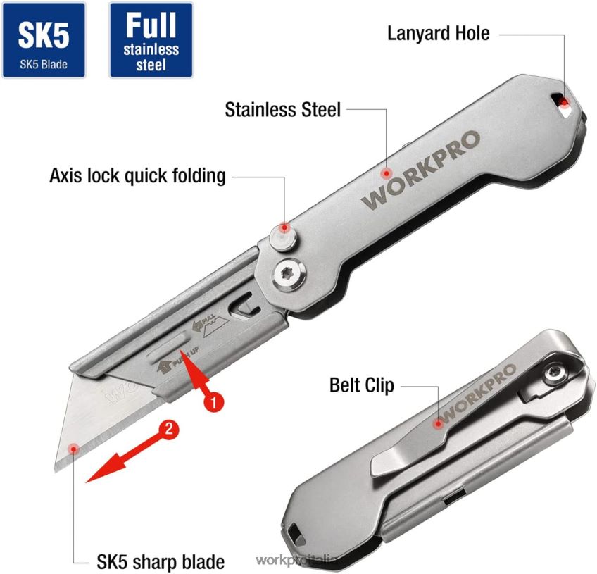 WORKPRO Coltello multiuso pieghevole tascabile a cambio rapido mini coltello pieghevole in acciaio inossidabile con clip per cintura nuovo B0600L47 attrezzo