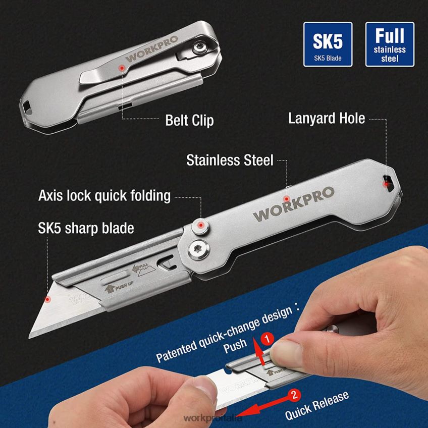WORKPRO Set di 3 coltelli multiuso pieghevoli con lame a cambio rapido utile B0600L43 attrezzo