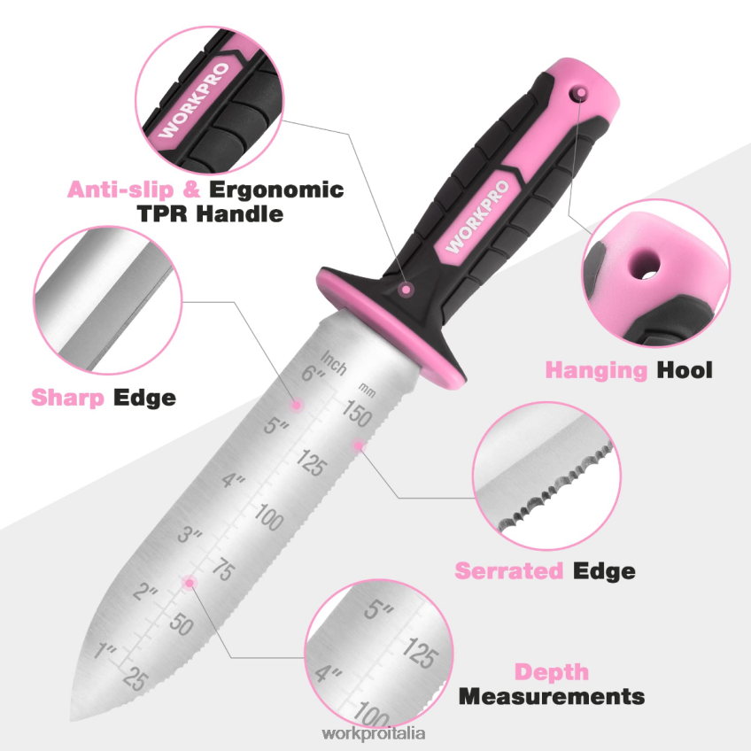 WORKPRO coltello da giardino con fodero in oxford, lama in acciaio inox con tagliente verde/rosa B0600L283 attrezzo