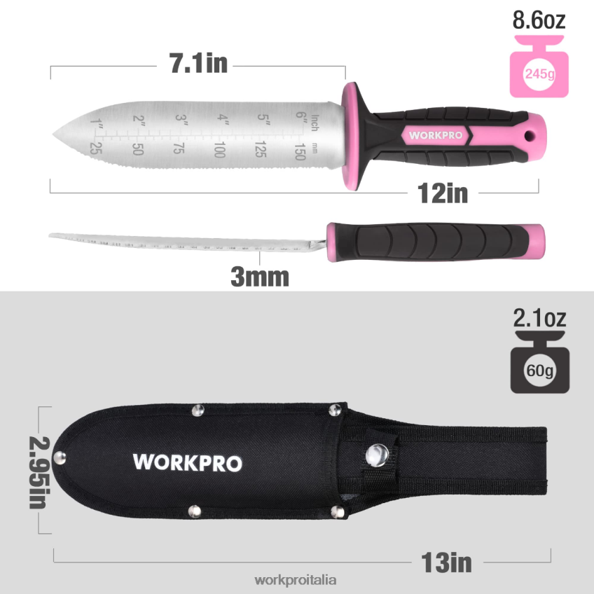 WORKPRO coltello da giardino con fodero in oxford, lama in acciaio inox con tagliente verde/rosa B0600L283 attrezzo