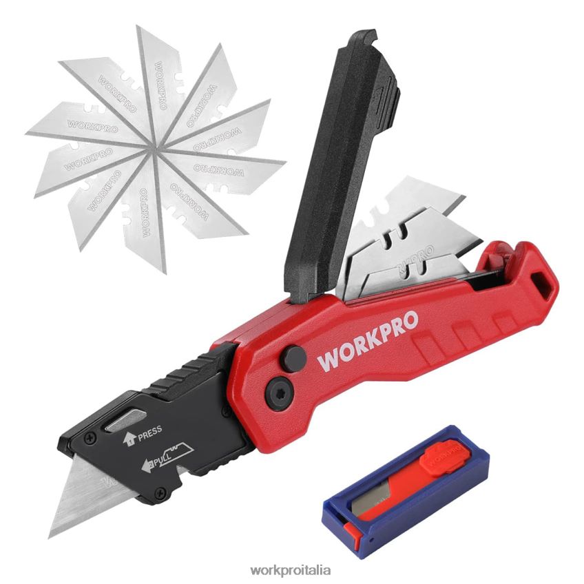 WORKPRO coltello multiuso pieghevole, scatola a cambio rapido, 13 lame extra incluse blu/rosso/rosa B0600L52 attrezzo