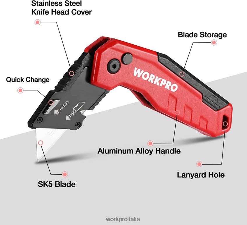 WORKPRO coltello multiuso pieghevole, scatola a cambio rapido, 13 lame extra incluse blu/rosso/rosa B0600L52 attrezzo