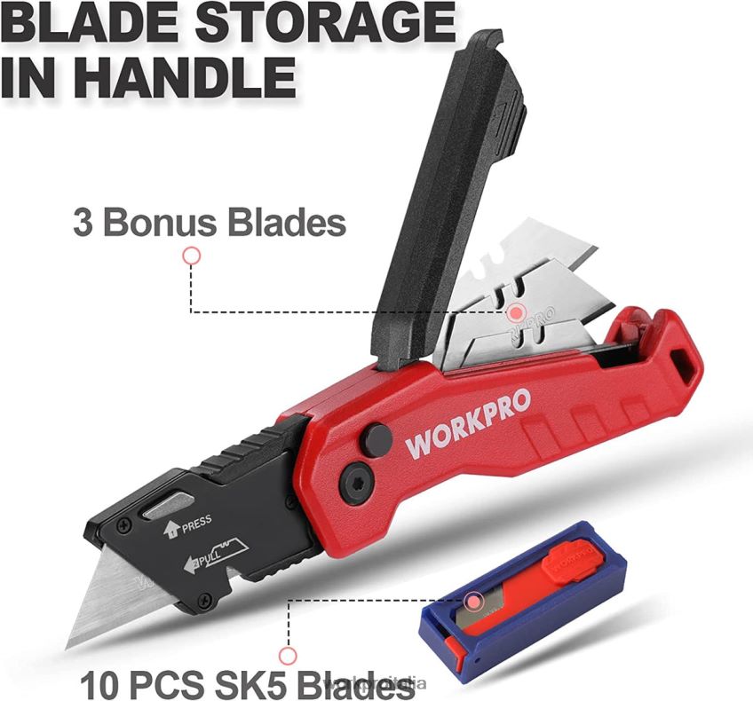 WORKPRO coltello multiuso pieghevole, scatola a cambio rapido, 13 lame extra incluse blu/rosso/rosa B0600L52 attrezzo