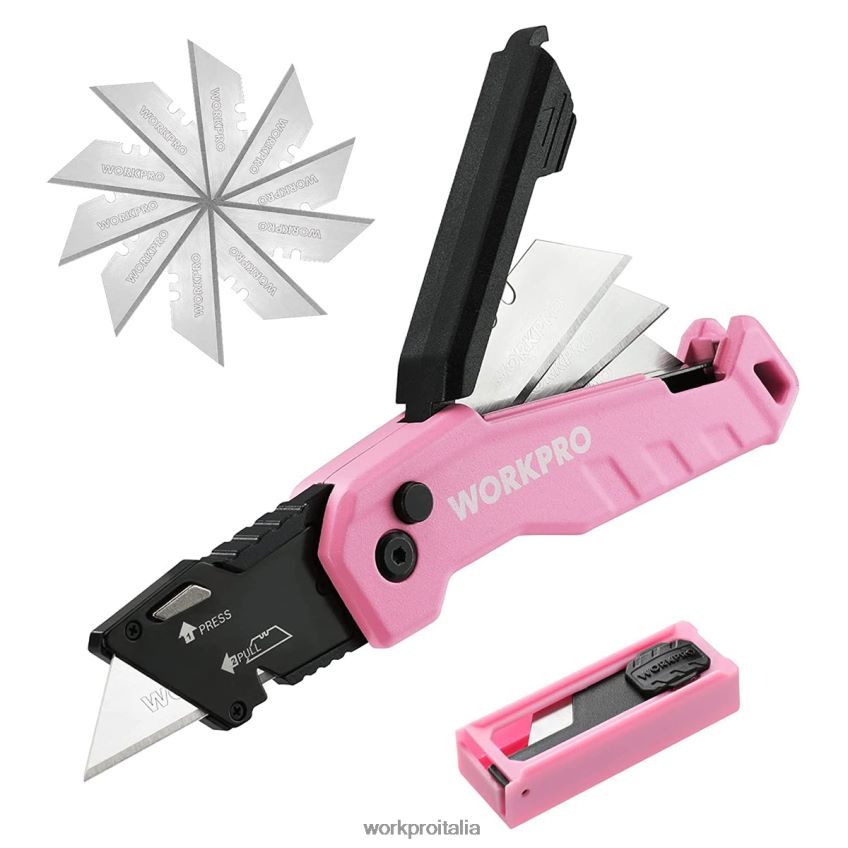 WORKPRO coltello multiuso pieghevole, scatola a cambio rapido, 13 lame extra incluse blu/rosso/rosa B0600L52 attrezzo