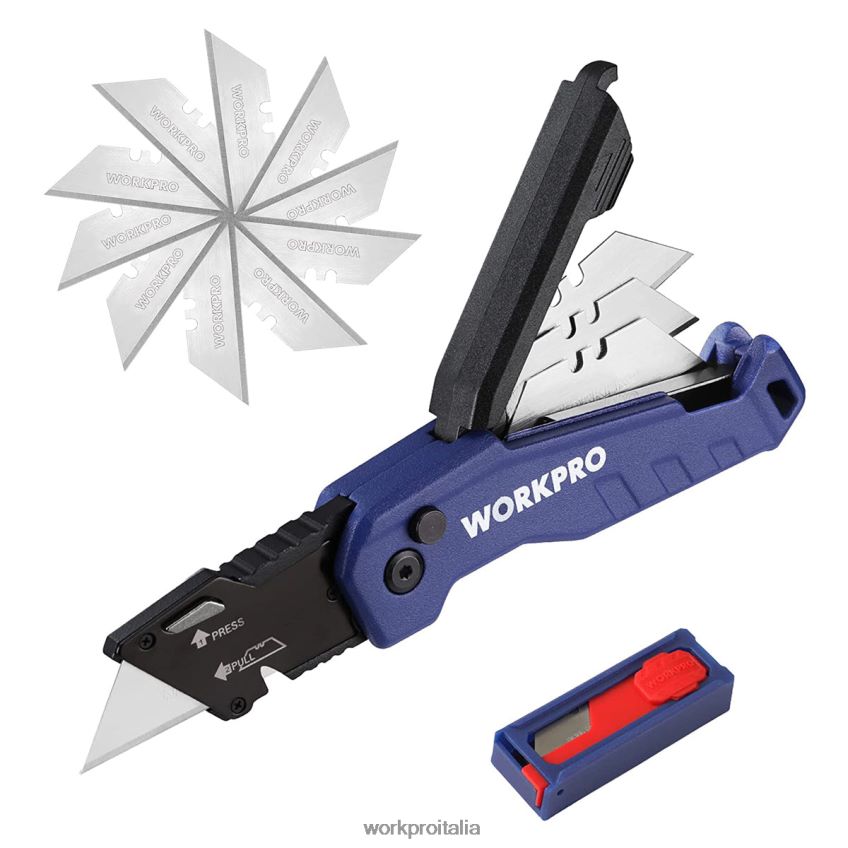 WORKPRO coltello multiuso pieghevole, scatola a cambio rapido, 13 lame extra incluse blu/rosso/rosa B0600L52 attrezzo