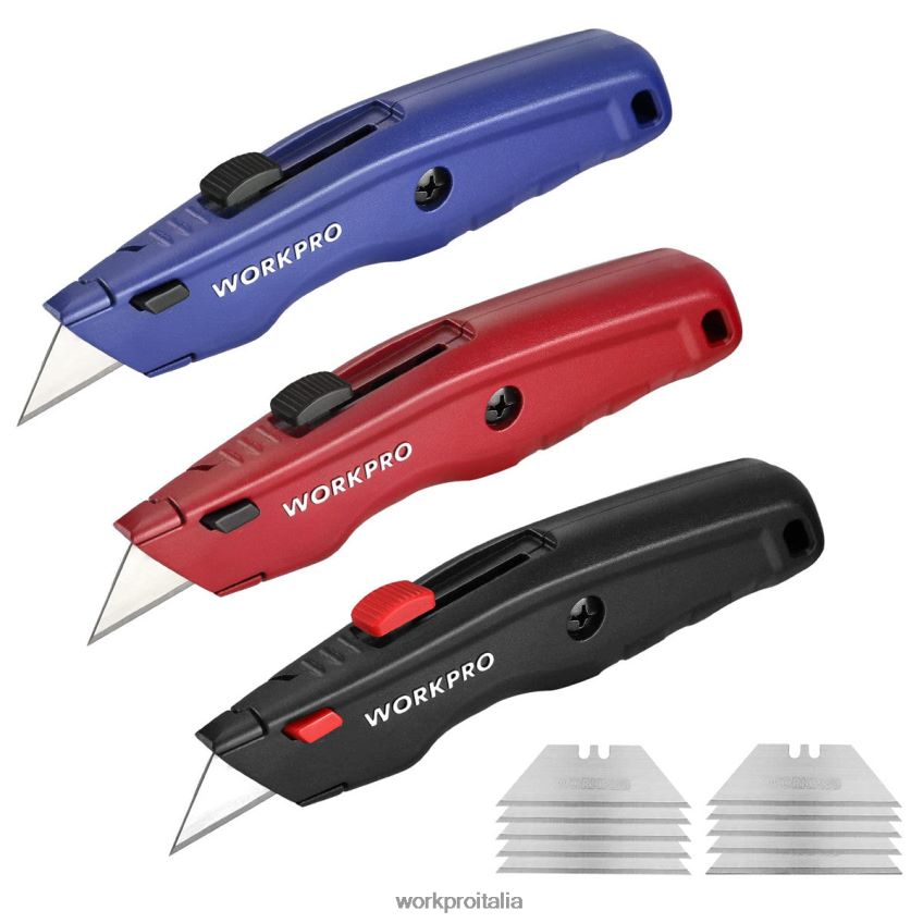 WORKPRO coltello multiuso premium, taglierino retrattile interamente in metallo per carichi pesanti, coltello per rasoio con lama a cambio rapido, con 10 lame extra nero/blu/rosso B0600L51 attrezzo