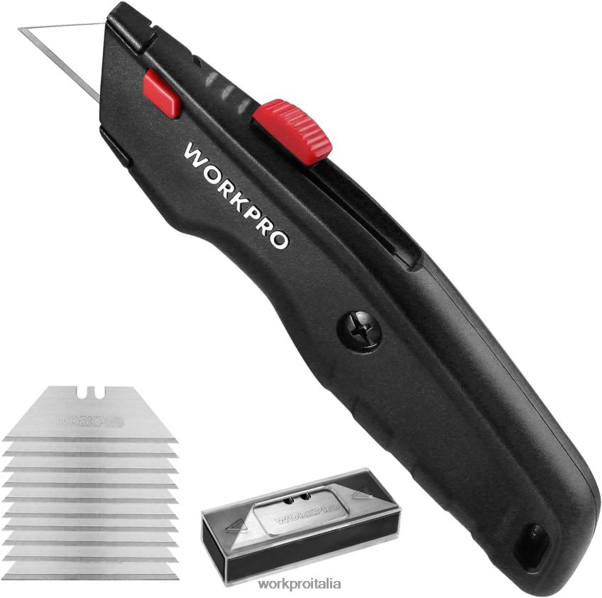 WORKPRO coltello multiuso premium, taglierino retrattile interamente in metallo per carichi pesanti, coltello per rasoio con lama a cambio rapido, con 10 lame extra nero/blu/rosso B0600L51 attrezzo
