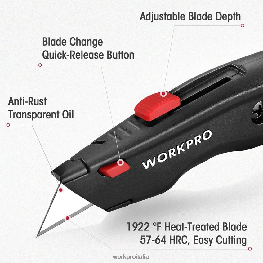 WORKPRO coltello multiuso premium, taglierino retrattile interamente in metallo per carichi pesanti, coltello per rasoio con lama a cambio rapido, con 10 lame extra nero/blu/rosso B0600L51 attrezzo