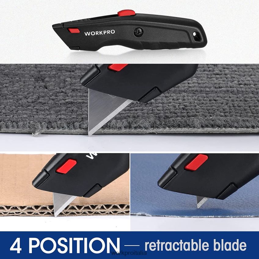 WORKPRO coltello multiuso premium, taglierino retrattile interamente in metallo per carichi pesanti, coltello per rasoio con lama a cambio rapido, con 10 lame extra nero/blu/rosso B0600L51 attrezzo
