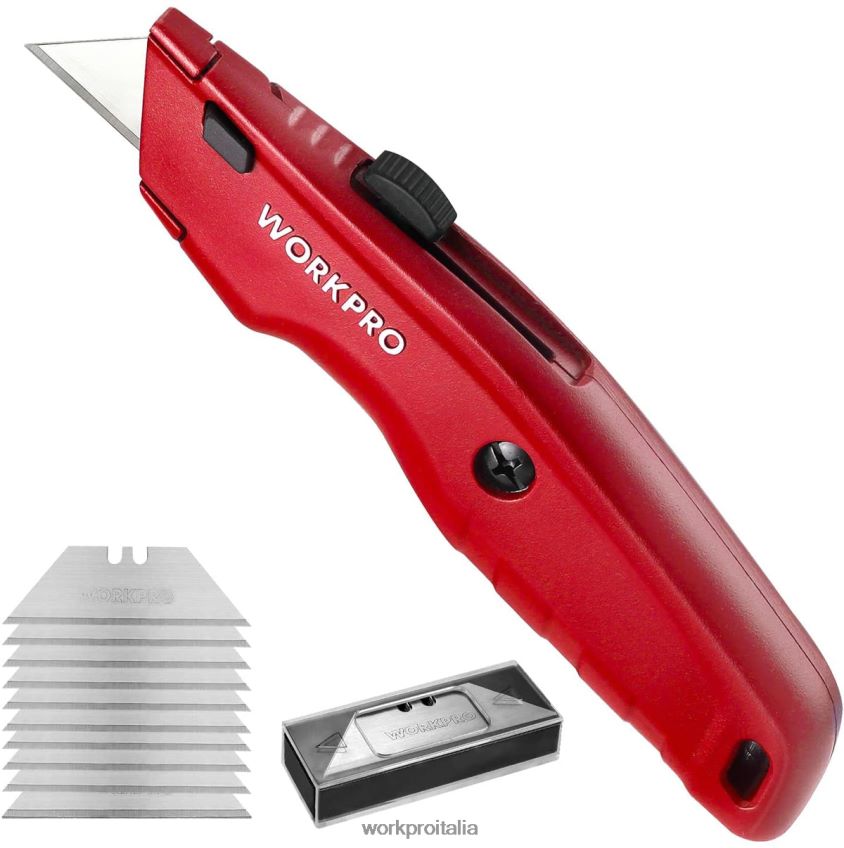 WORKPRO coltello multiuso premium, taglierino retrattile interamente in metallo per carichi pesanti, coltello per rasoio con lama a cambio rapido, con 10 lame extra nero/blu/rosso B0600L51 attrezzo