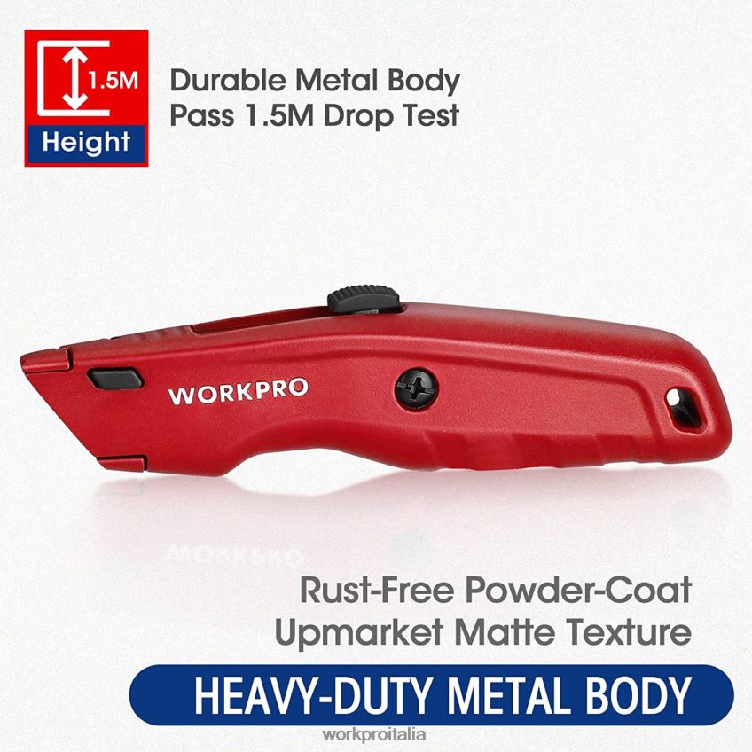WORKPRO coltello multiuso premium, taglierino retrattile interamente in metallo per carichi pesanti, coltello per rasoio con lama a cambio rapido, con 10 lame extra nero/blu/rosso B0600L51 attrezzo