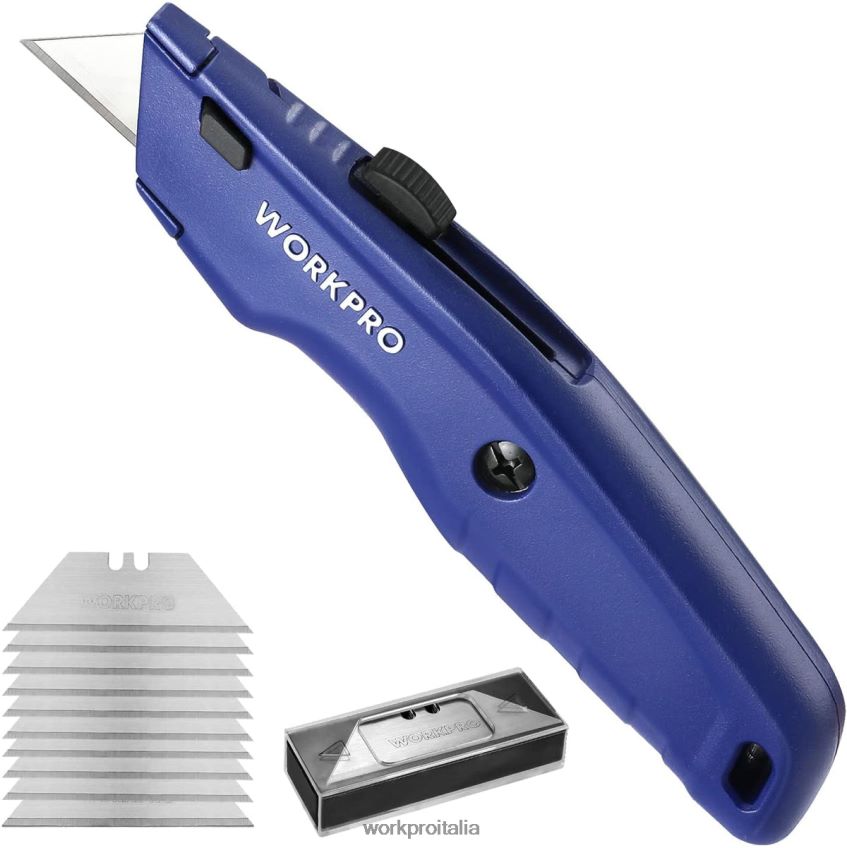 WORKPRO coltello multiuso premium, taglierino retrattile interamente in metallo per carichi pesanti, coltello per rasoio con lama a cambio rapido, con 10 lame extra nero/blu/rosso B0600L51 attrezzo