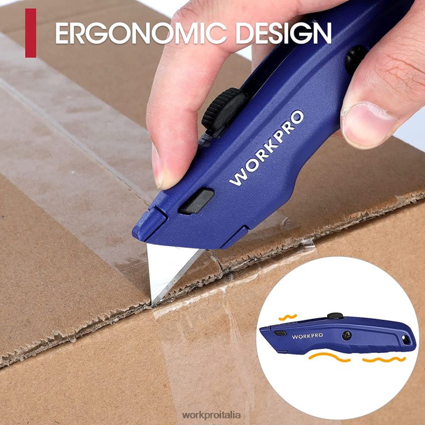 WORKPRO coltello multiuso premium, taglierino retrattile interamente in metallo per carichi pesanti, coltello per rasoio con lama a cambio rapido, con 10 lame extra nero/blu/rosso B0600L51 attrezzo