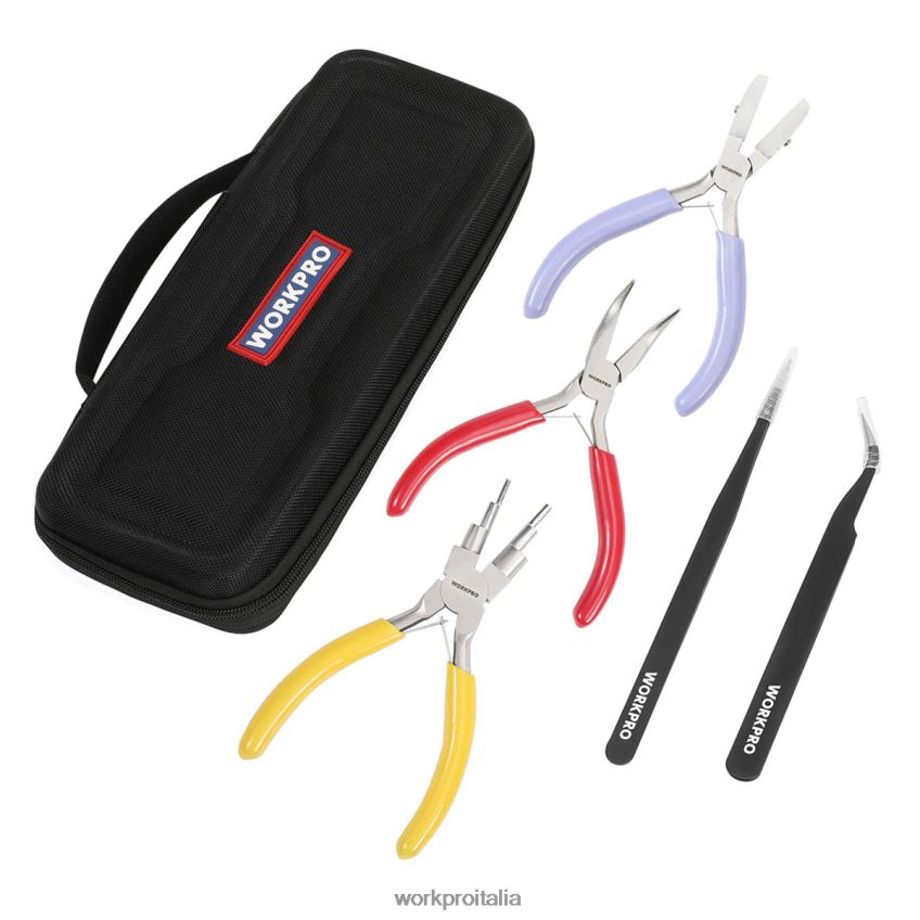 WORKPRO Pinze per gioielli da 5 pezzi, gli strumenti per gioielli includono pinze per anelli di filo 6 in 1, pinze a becchi in nylon, pinze a becchi piegati, pinzette appuntite, pinzette curve utile B