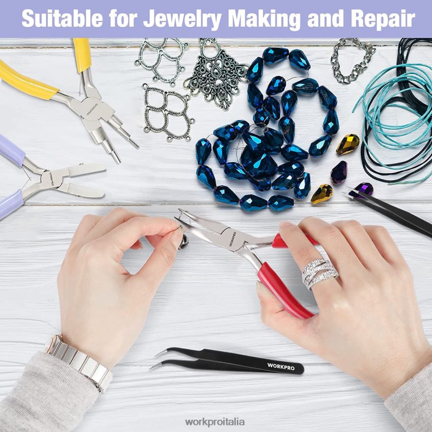 WORKPRO Pinze per gioielli da 5 pezzi, gli strumenti per gioielli includono pinze per anelli di filo 6 in 1, pinze a becchi in nylon, pinze a becchi piegati, pinzette appuntite, pinzette curve utile B