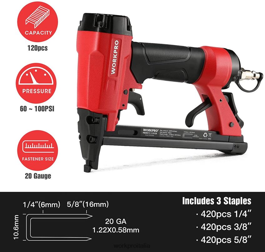 WORKPRO Graffatrice pneumatica calibro 20 per carpenteria, lavorazione del legno e progetti fai da te utile B0600L61 attrezzo
