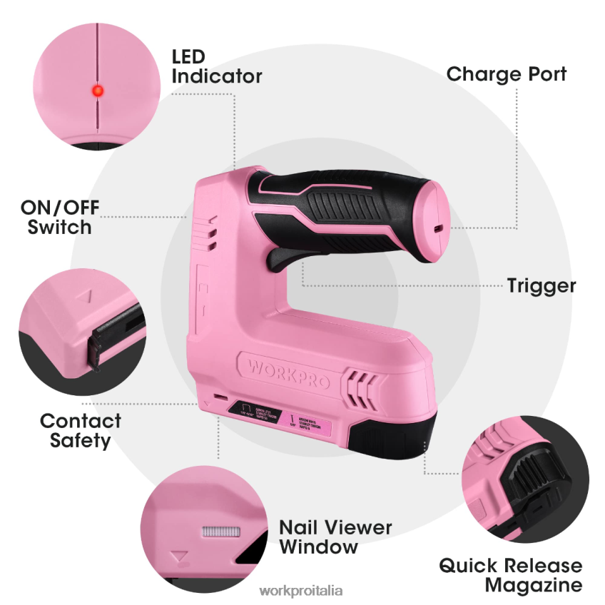 WORKPRO Pistola sparachiodi e pinzatrice elettrica senza fili 2 in 1 alimentata a batteria da 3,6 V 2,0 Ah rosa/grigio B0600L265 attrezzo
