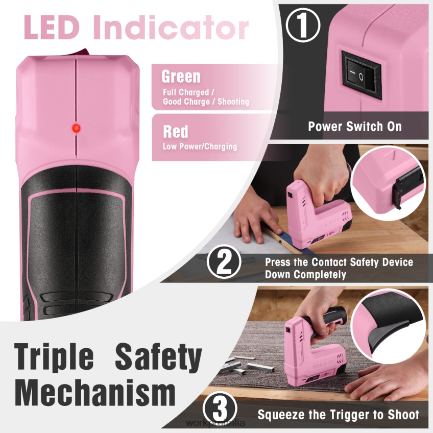 WORKPRO Pistola sparachiodi e pinzatrice elettrica senza fili 2 in 1 alimentata a batteria da 3,6 V 2,0 Ah rosa/grigio B0600L265 attrezzo