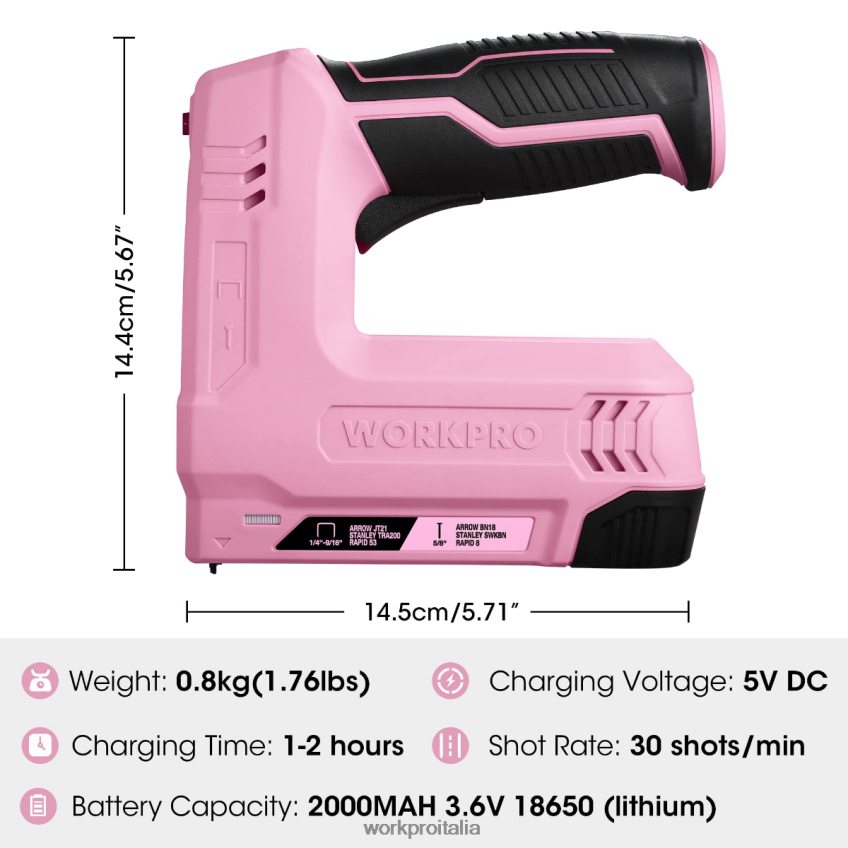 WORKPRO Pistola sparachiodi e pinzatrice elettrica senza fili 2 in 1 alimentata a batteria da 3,6 V 2,0 Ah rosa/grigio B0600L265 attrezzo