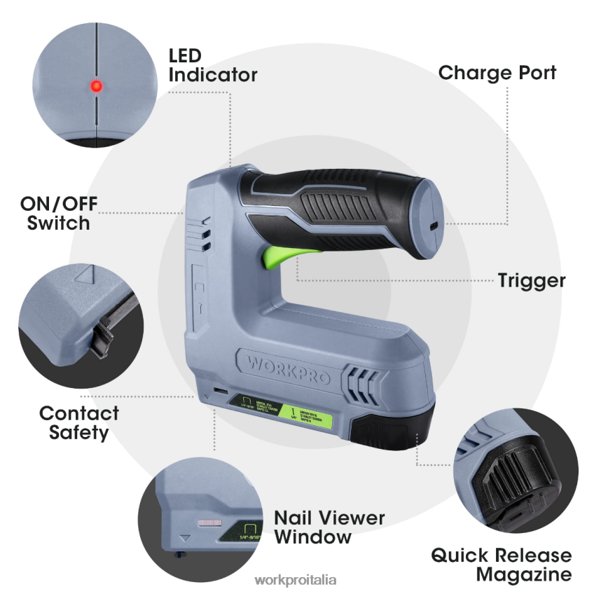 WORKPRO Pistola sparachiodi e pinzatrice elettrica senza fili 2 in 1 alimentata a batteria da 3,6 V 2,0 Ah rosa/grigio B0600L265 attrezzo