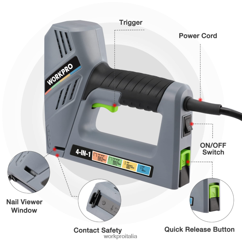 WORKPRO Pistola sparachiodi elettrica 4 in 1 con cavo, inclusi 3000 pezzi di graffette e chiodi utile B0600L60 attrezzo