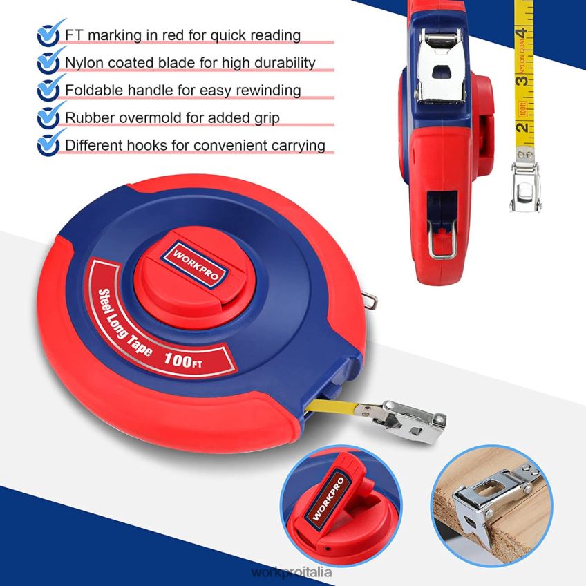 WORKPRO Metro a nastro da 100 piedi, nastro lungo in acciaio a bobina chiusa con maniglia pieghevole, custodia resistente agli urti nuovo B0600L106 attrezzo