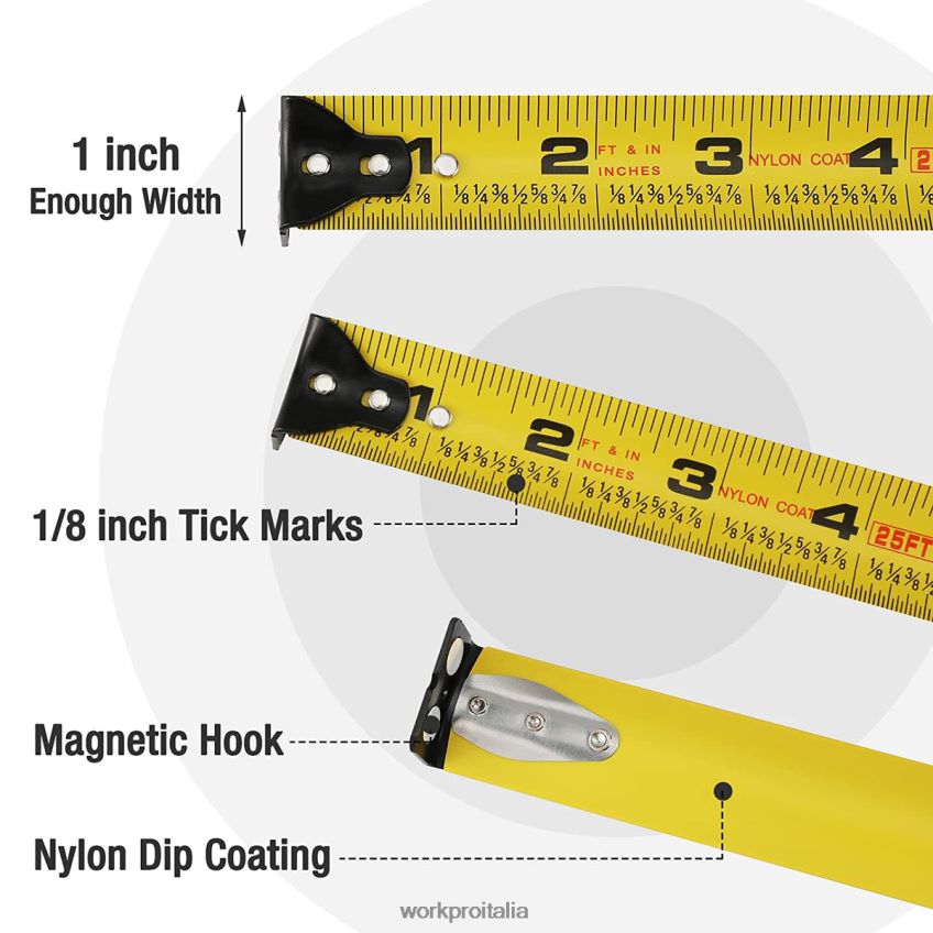 WORKPRO Metro a nastro da 25 piedi, 1/8 di frazioni e nastro di misurazione con precisione di 1/32 di facile lettura, nastro di misurazione con rivestimento in nylon retrattile utile B0600L105 attrezz